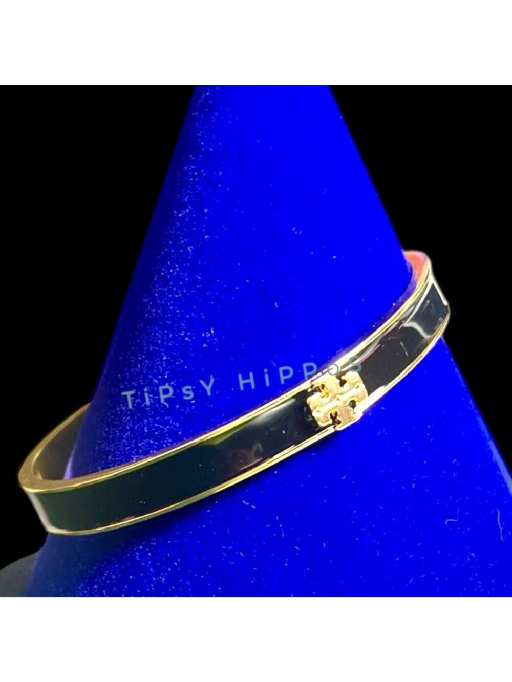 ***Tory Burch Kira Black & Gold Enamel Logo Hinged Bangle Bracelet - Picture 7 of 16